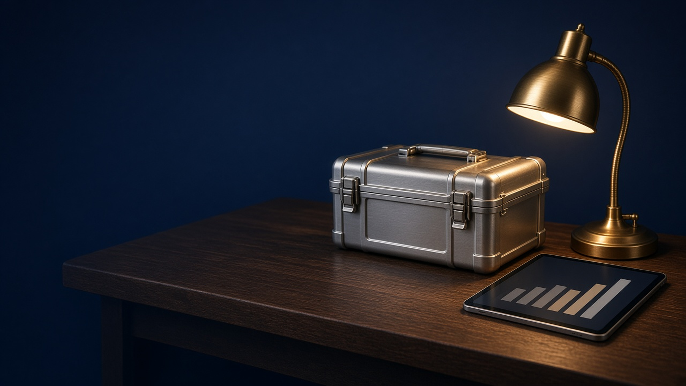 HVAC service tool case and tablet on a workbench under a brass lamp